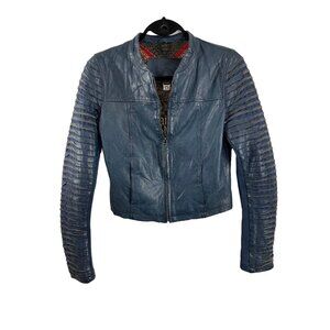 Bano eeMee Blue Leather Moto Jacket Womens Size XS/S